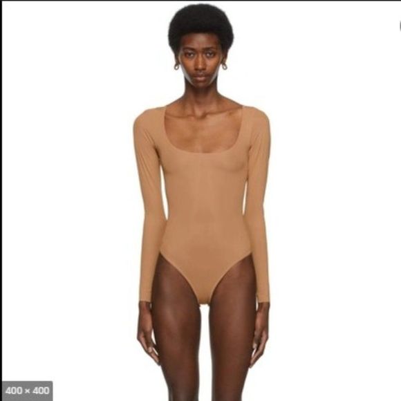 CT1142 SKIMS JELLY SHEER LONG SLEEVE SCOOP NECK BODY SUIT COLOR SIENNA - Picture 2 of 3